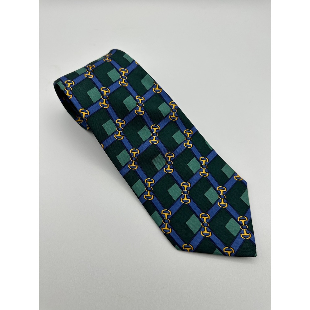 Gucci Silk Tie Mens Green Blue Horsebit Geometric Grid Pattern Italy Equestrian
